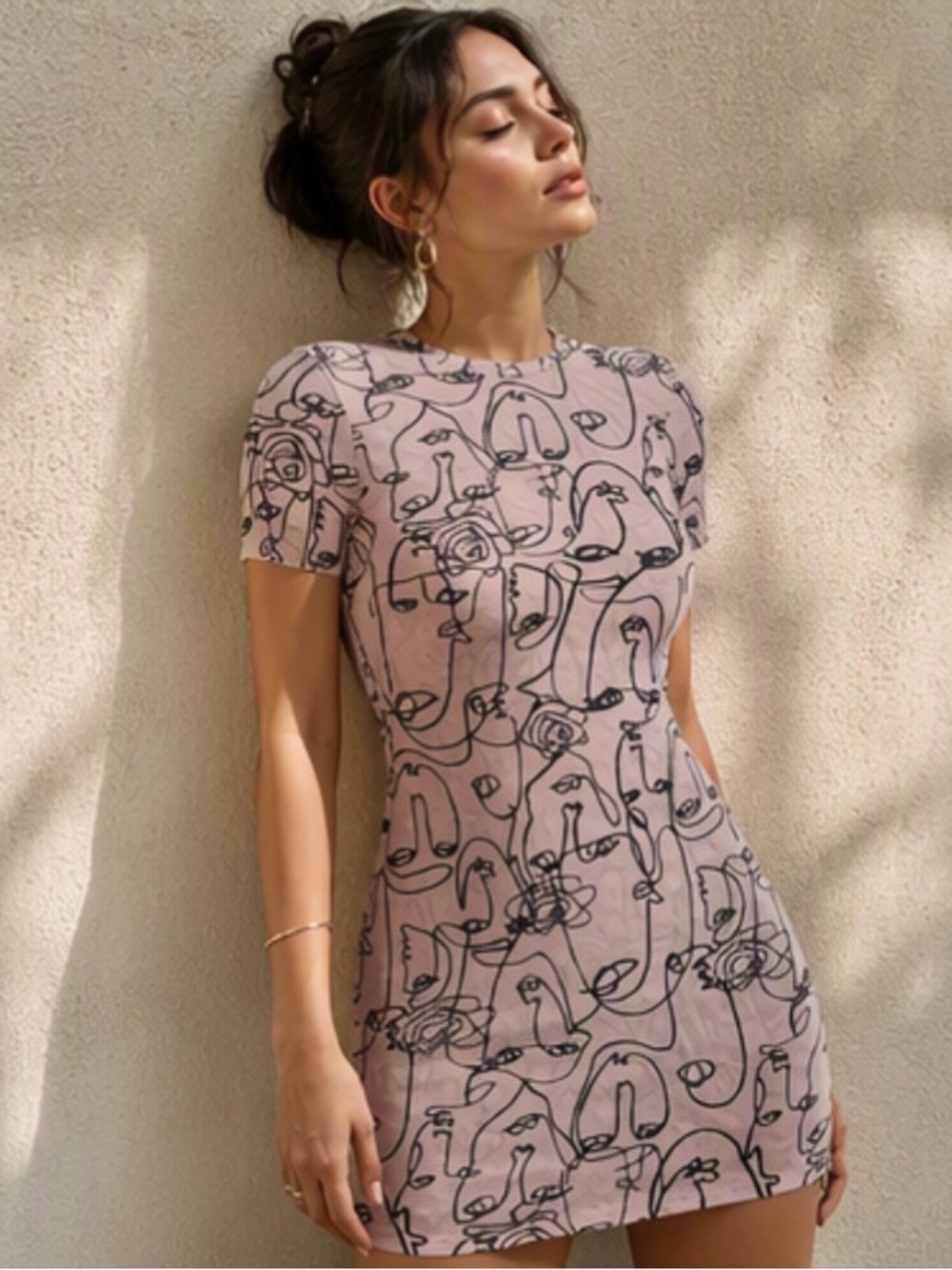 🌷 Sheer Abstract Face & Rose Print Light Peach Pink Dress 🌷